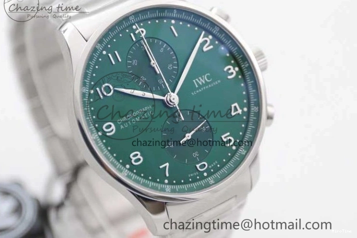 MIROTIME 0120 FastDry Portugieser Chronograph IW371615 ZF Best Edition Green Dial on SS Bracelet A7750 (Slim Movement) 7038